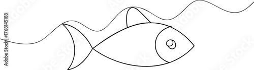 Simple black line drawing of a fish swimming in wavy water