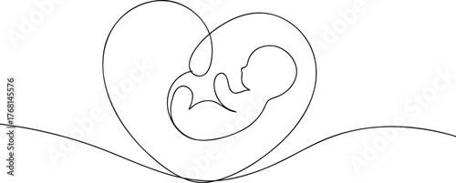 Single line drawing of fetus inside heart shape baby