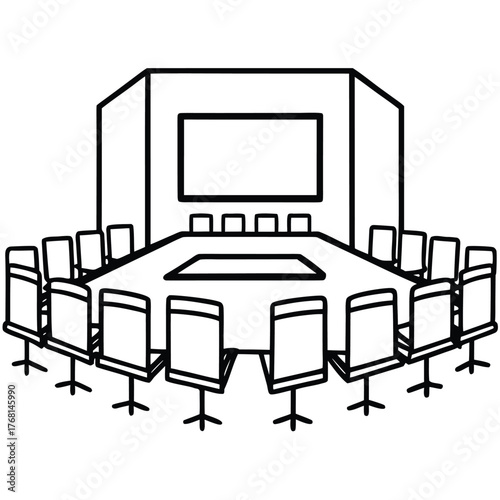 Line drawing of a boardroom setup with chairs and a large table, ready for discussion