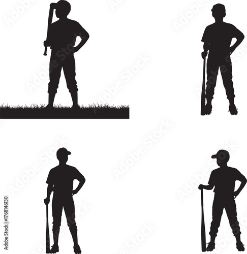 Four silhouette poses of a baseball player holding a bat on white background
