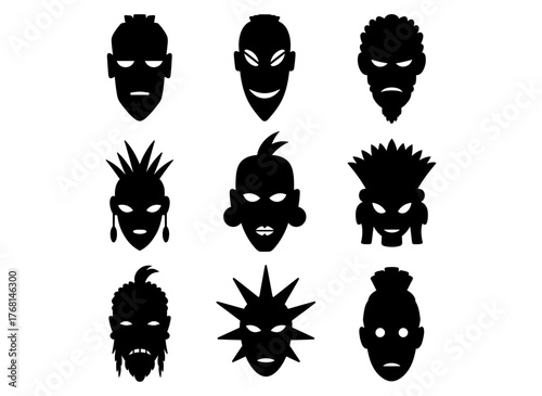 Collection of nine tribal masks as graphic illustrations on a white background