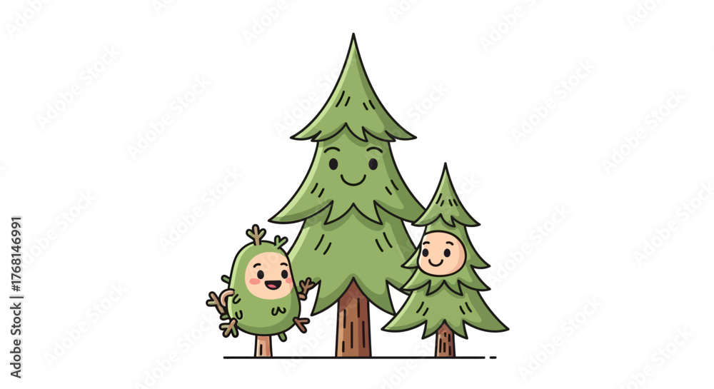 Fototapeta premium Whimsical forest friends illustration with joyful evergreen trees and leafy character