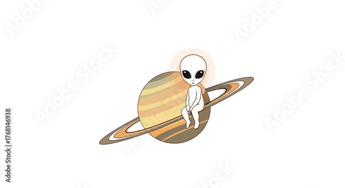 Cartoon alien sitting on saturn's rings gazing contemplatively at terrestrial existence