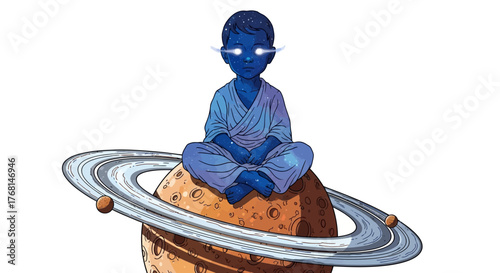 Serene cosmic child illustration, embodying peace and spirituality, sitting atop a ringed planet