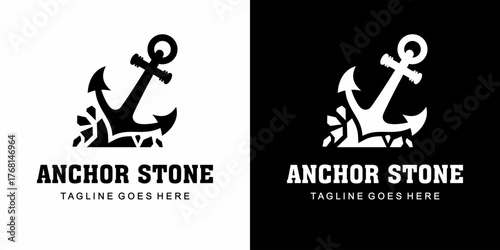 broken stone anchor vector logo black and white illustration