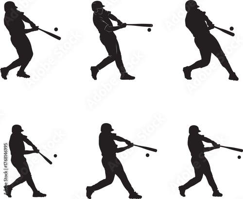Six silhouette poses of a baseball player swinging a bat in action