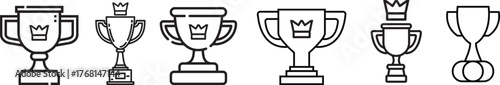 Set of six minimalist black line art trophy icons with crowns, representing champion award, success, achievement