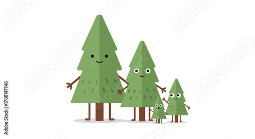 Charming cartoon illustration of a family of evergreen trees with cute faces and limbs in a