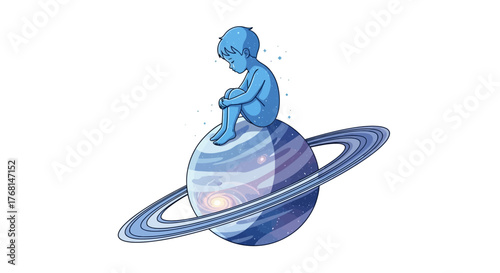 Celestial Child: A Contemplative Illustration of Solitude on a Ringed World of Dreams