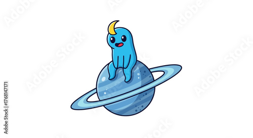 Whimsical blue alien with a crescent horn perched atop a striped ringed planet
