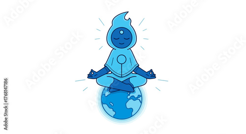 Meditative blue figure practices mindfulness atop earth symbolizing inner peace