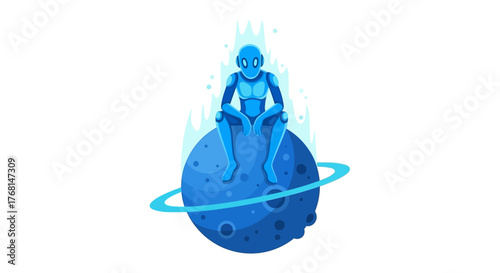 Robot contemplates existence on isolated cosmic sphere with a prominent ring formation