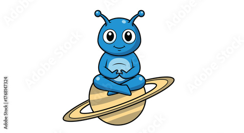Cartoon blue alien character meditates sitting cross-legged on planet Saturn design space journey