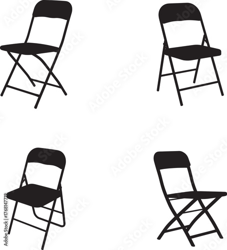 Four black folding chairs shown from different angles on a white background