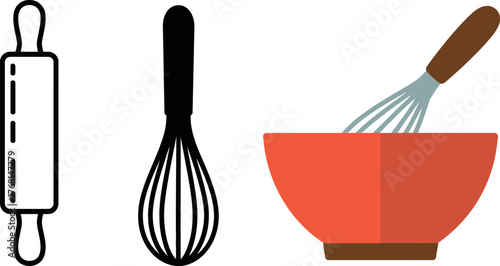 Kitchen Utensils for Baking Preparation Baking Bowl Whisk and Rolling Pin illustration