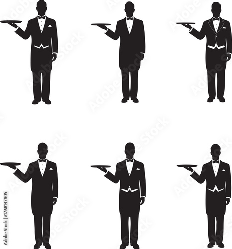 Collection of six black silhouettes of waiters holding trays in formal attire