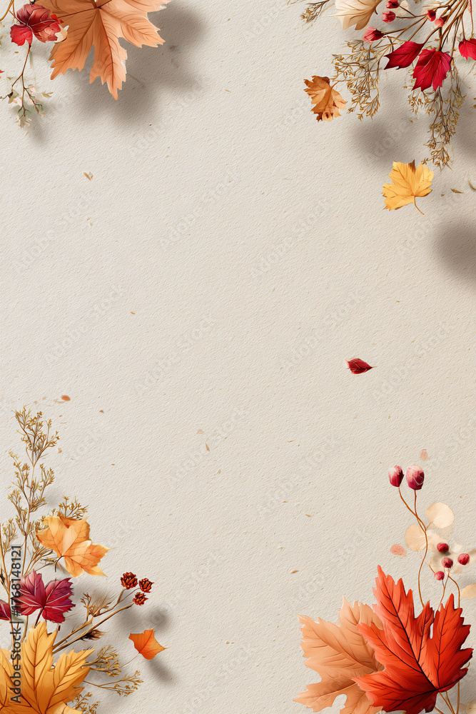 Fototapeta premium Minimalist autumn poster background with scattered leaves and vintage paper texture