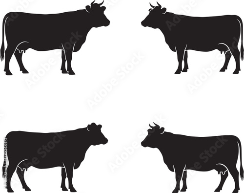 Four black silhouettes of cows standing in different poses against a white background