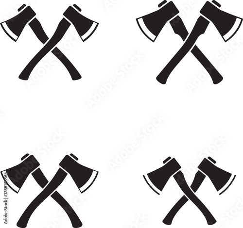 Four black silhouette crossed axes icons representing strength and woodcutting tools