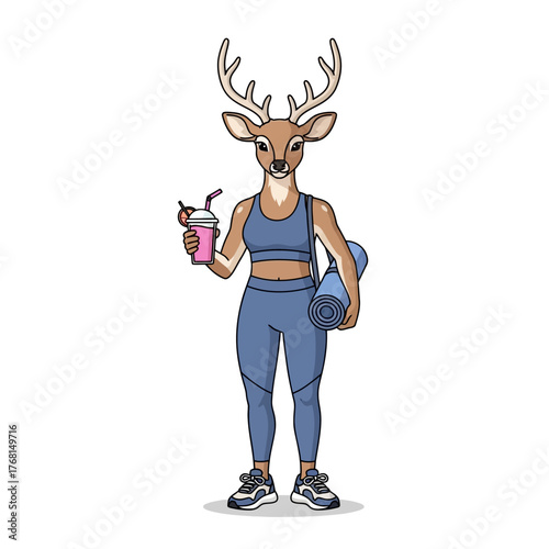 Deer in athletic wear with yoga mat and smoothie