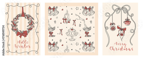 A vintage holiday collection of hand-drawn winter holiday cards. A minimalist retro pattern featuring a Christmas wreath and ornaments.