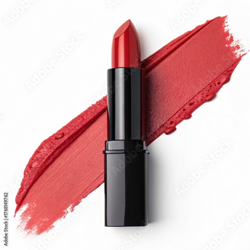 Red Lipstick with Smear Stroke of Color on White Background