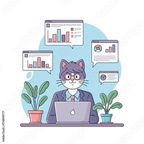 Cat Working on Laptop with Business Charts and Graphs