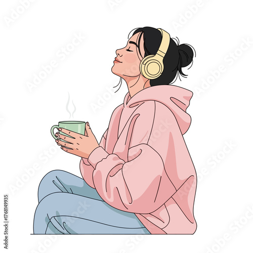 Peaceful woman relaxing with music and a warm beverage, finding calm