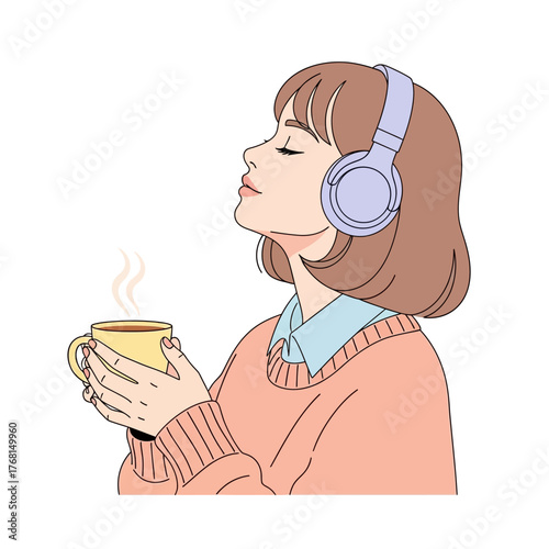 Content young woman with headphones enjoying a steaming mug and peaceful music