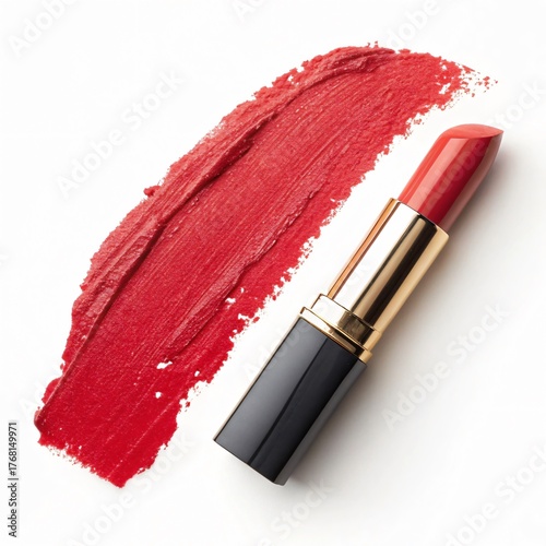 Red Lipstick with Bold Brush Stroke of Color on White Background