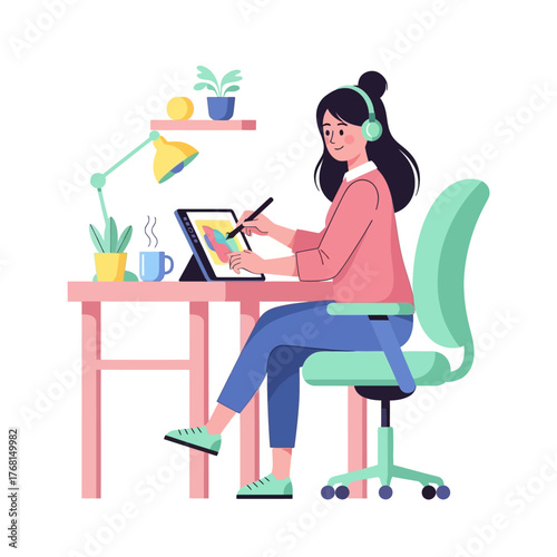 Young Woman Working on Digital Art at Her Desk