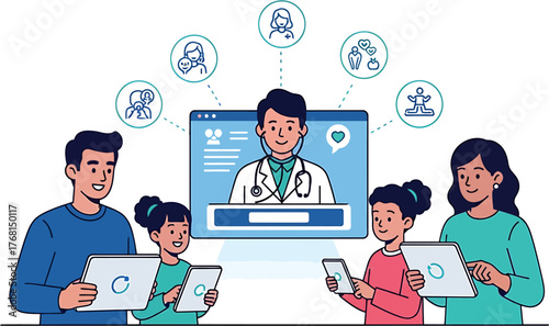 Telemedicine Concept Family Consulting With Doctor Online Via Video Call, Digital Health Care and Remote Medical Services