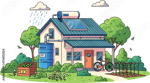 Eco-Friendly Home with Solar Panels, Rainwater Harvesting, and Sustainable Living Elements