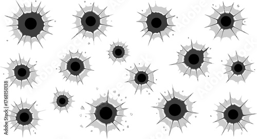 A collection of monochrome vector bullet holes with radiating cracks and impact damage, isolated on a white background for crime or action themed designs