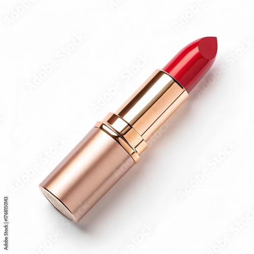Classic Red Lipstick in Elegant Gold Tube Isolated on White Background