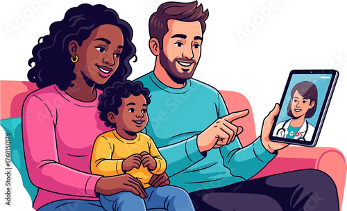 Diverse family with a young son uses a tablet for a telehealth appointment with a female physician from their home sofa