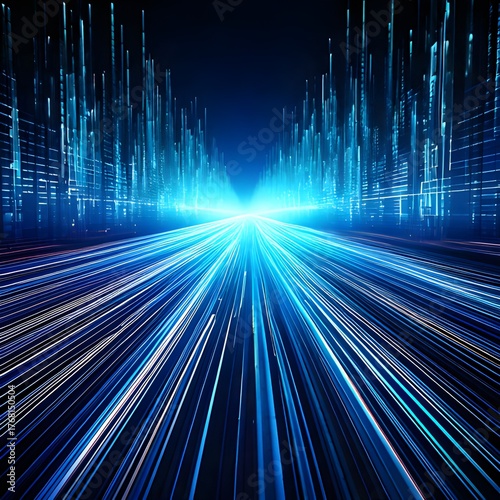 Abstract Blue Digital Data Stream Background Motion Blur Effect, Glowing Lines & Tech Concept