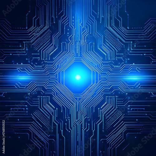 Futuristic digital background featuring intricate glowing blue circuit patterns and a central radiant core, symbolizing advanced technology, artificial intelligence, and interconnected data networks