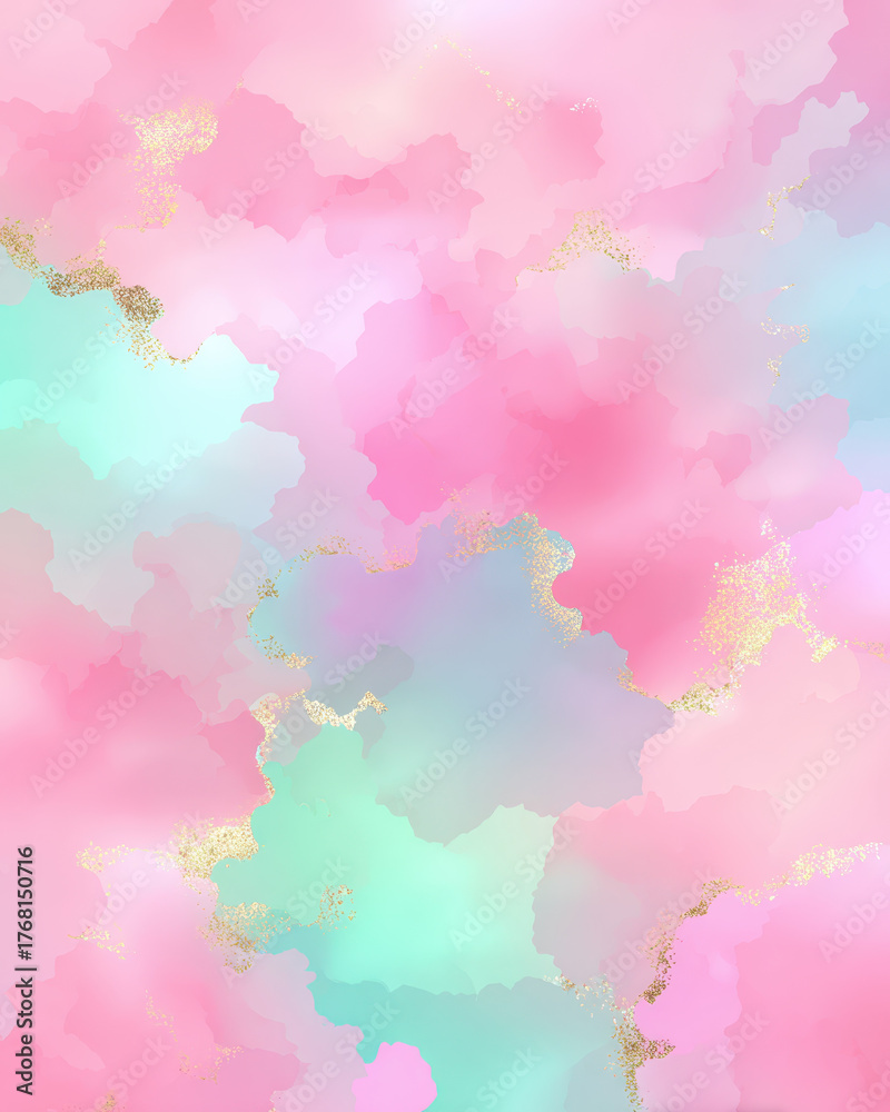 Obraz premium Abstract watercolor background with pink, teal, and gold accents, creating dreamy and soft atmosphere. blend of colors and textures evokes sense of calm and creativity