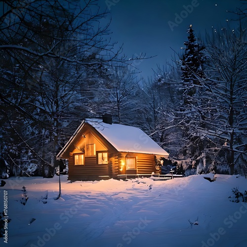 Warm light spills from the windows of a cozy log cabin, creating a magical atmosphere in a secluded, snow-covered winter forest at night