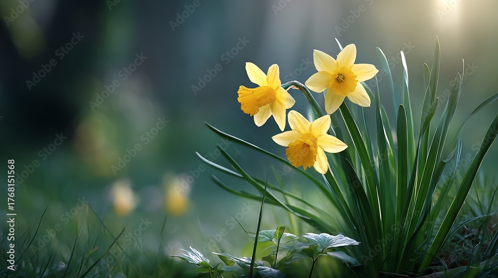 Obraz premium Elegant daffodils in vibrant spring garden with sunshine offer nature's beauty