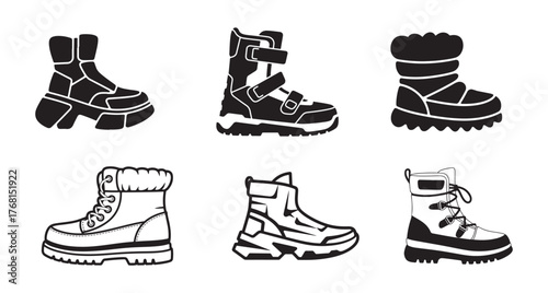 High Ankle Chunky Snow Boot Silhouette Collection, Winter Footwear Icons Set.