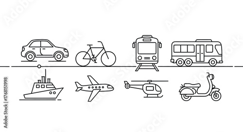 Collection of hand drawn transportation vehicles icons representing diverse travel modes vector