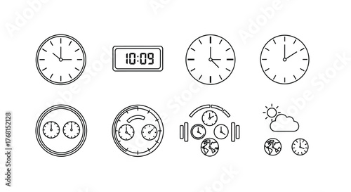 Collection of diverse timekeeping devices including analog and digital clocks and timers vector
