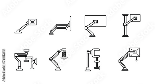 Collection of articulated monitor mounts and desk stands showing versatile positioning options vector