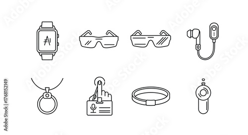 Collection of hand-drawn icons representing smart wearable technology and accessories vector