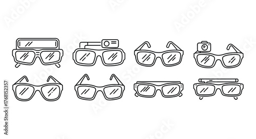 Collection of diverse eyewear styles hand-drawn line art representing vision and fashion vector
