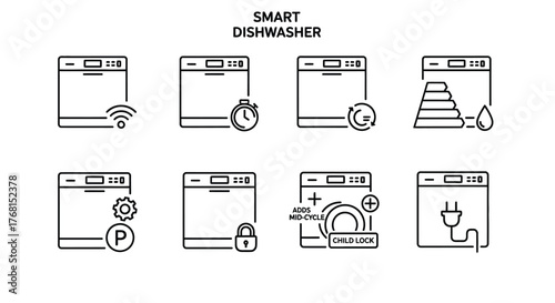 Set of smart dishwasher icons with modern technology features for home appliances vector