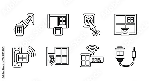 Smart home security icons set digital smart lock window sensor doorbell and network connectivity vector