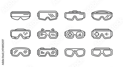 Collection of diverse safety goggles and vr headsets hand drawn sketch style vector